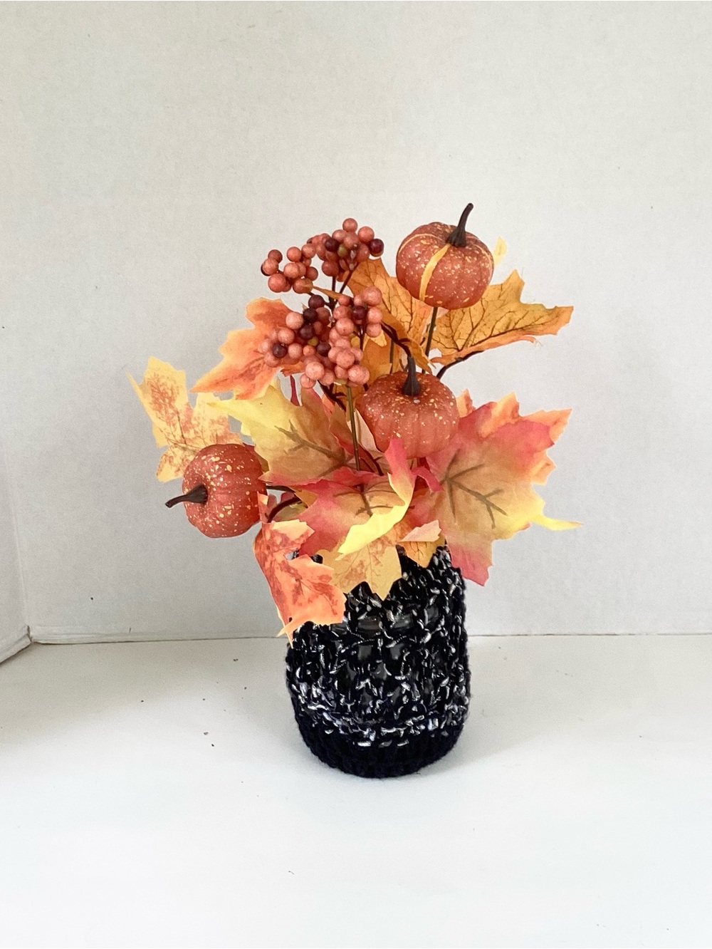 Vase Cover Jar Sleeve Hand Crafted Crochet Black Silver